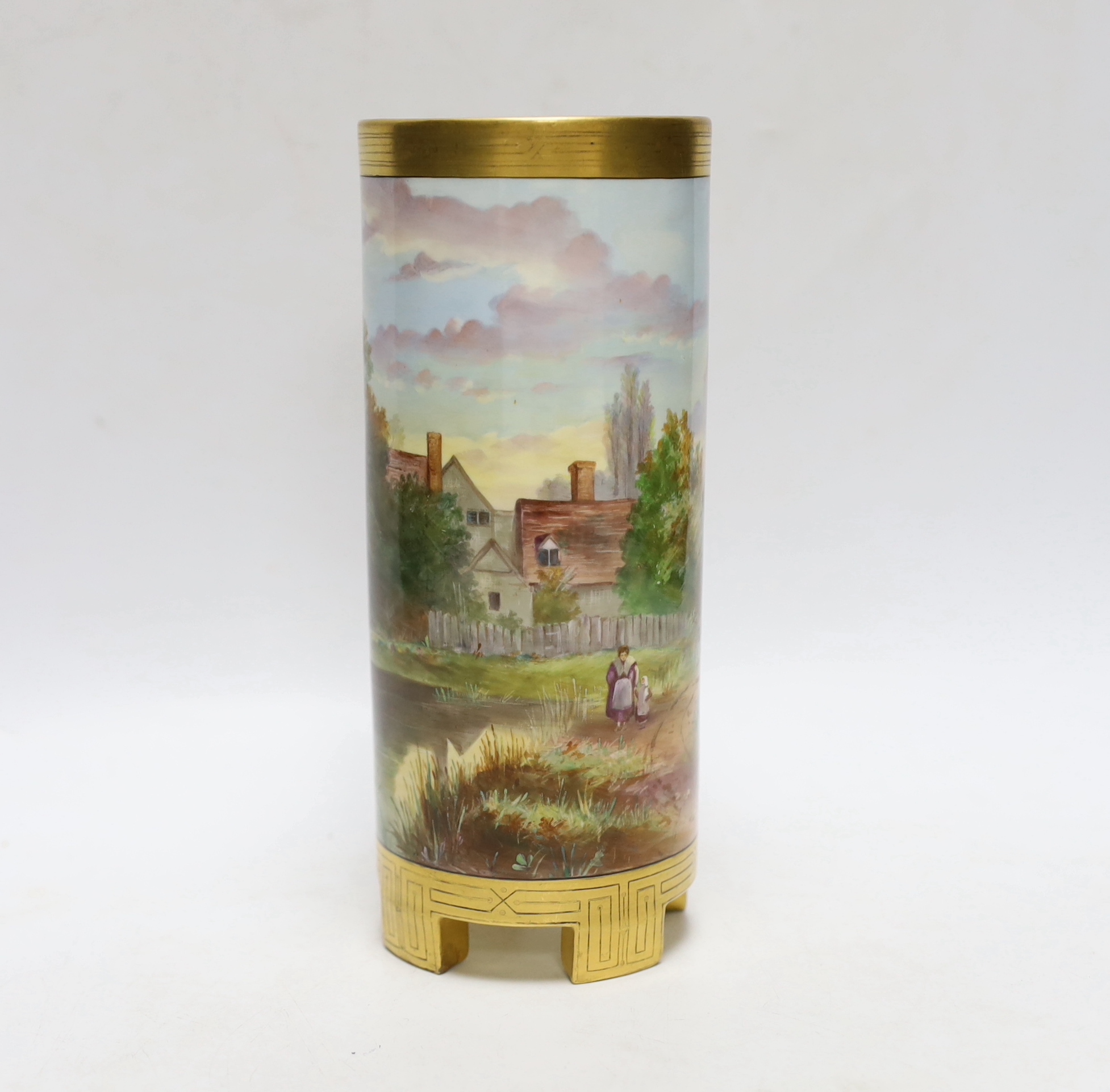 A Mintons porcelain cylinder vase, c.1880, painted with figures along a lakeside path with cottages, 20cm high